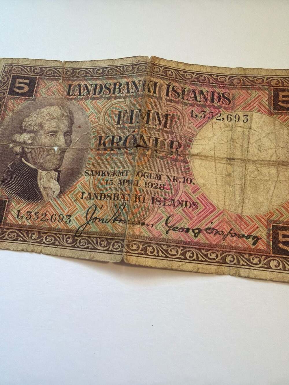1928 5 Kronur Iceland Paper Note - 1928 Landsbanki Islands Prefix A Ty – ,